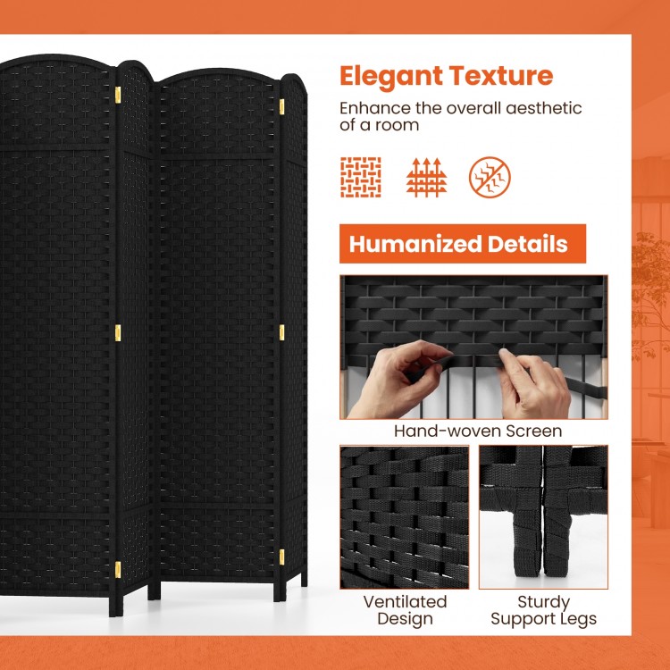 8-panel folding room divider in black with hand-woven texture and sturdy wood frame, ideal for privacy and space-saving.