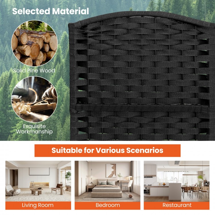 Hand-woven texture detail of the black 8-panel folding room divider with solid pine wood frame for versatile privacy.