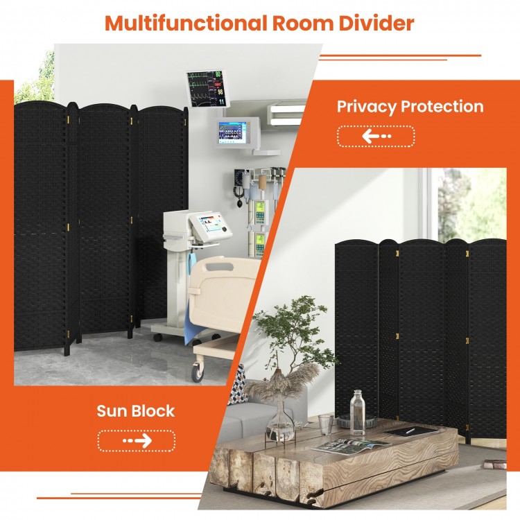 8-panel folding room divider in black with hand-woven texture, ideal for privacy protection and sun blocking.