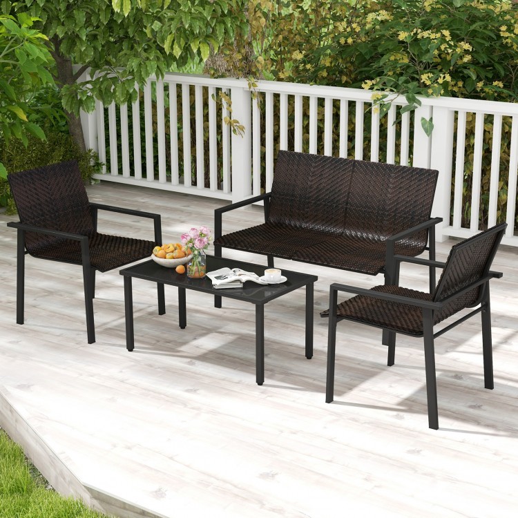 4-piece patio furniture set featuring brown/black PE rattan and a galvanized metal frame, perfect for backyard.