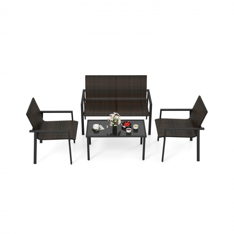 4-piece patio furniture set featuring a brown PE rattan loveseat and chairs with a glass-top coffee table, perfect for.