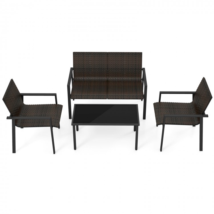 4-piece patio furniture set featuring brown/black PE rattan, galvanized metal frame, and a spacious coffee table for.
