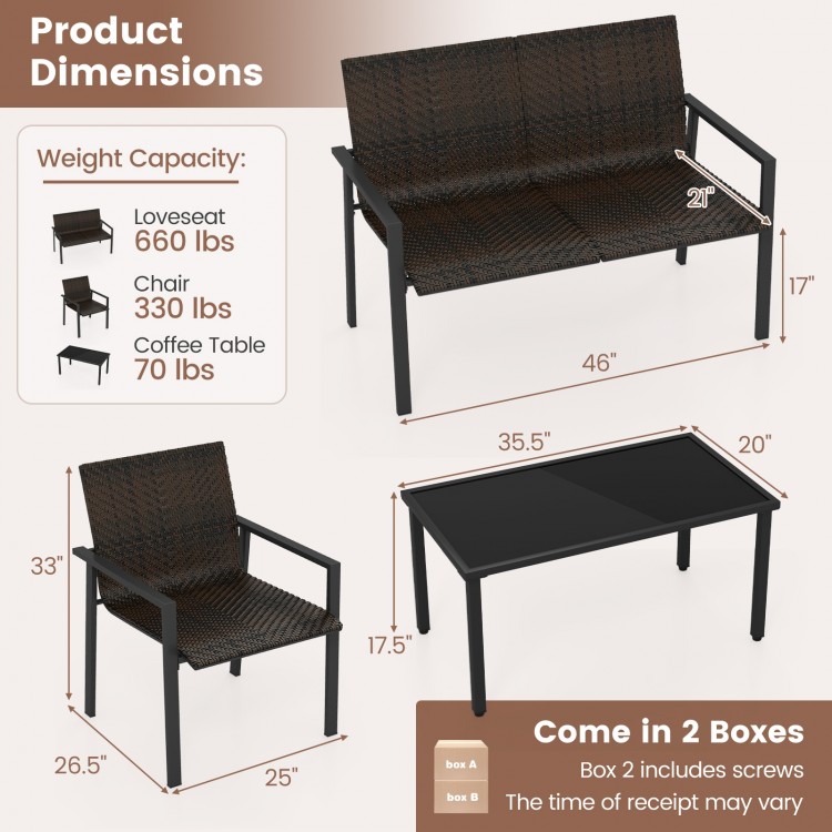 Brown and black PE rattan loveseat with galvanized metal frame, perfect for backyard or poolside relaxation.