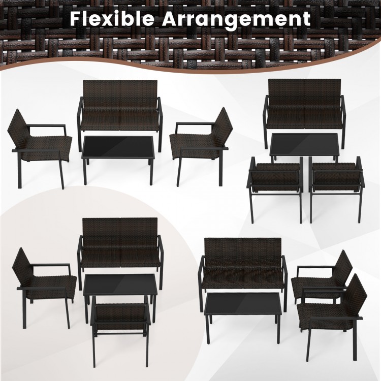 Flexible arrangement of a 4-piece patio set showcasing versatile seating options and a stylish coffee table for outdoor.