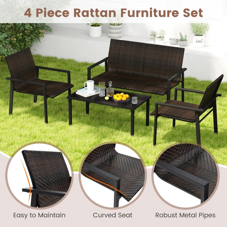 4-piece patio furniture set featuring brown PE rattan, ergonomic curved seats, and a spacious coffee table for outdoor.