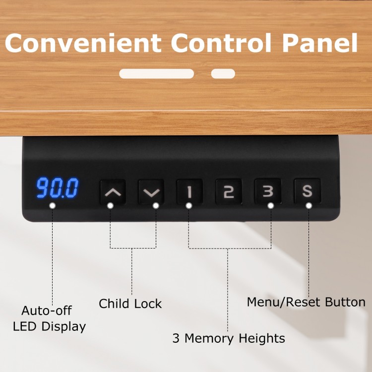 Convenient control panel of the electric standing desk showing LED display, height settings, and child lock feature.