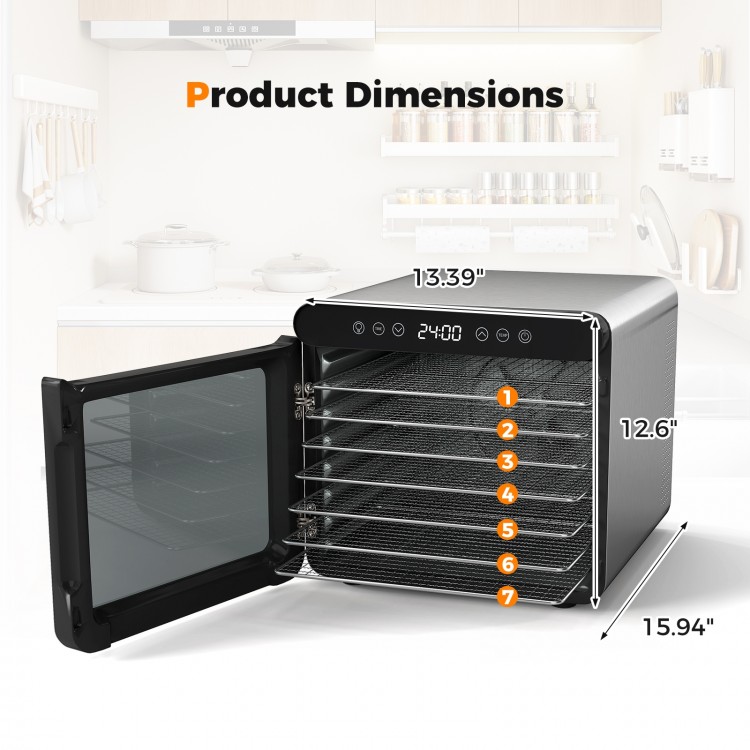 7 stainless steel trays food dryer with digital display, 1-24H timer, and transparent door for easy viewing.