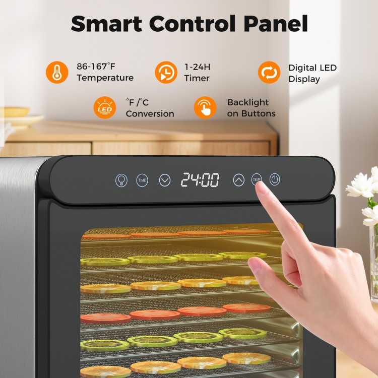 Smart control panel of the 7 stainless steel trays dryer with digital LED display and adjustable timer for precise.