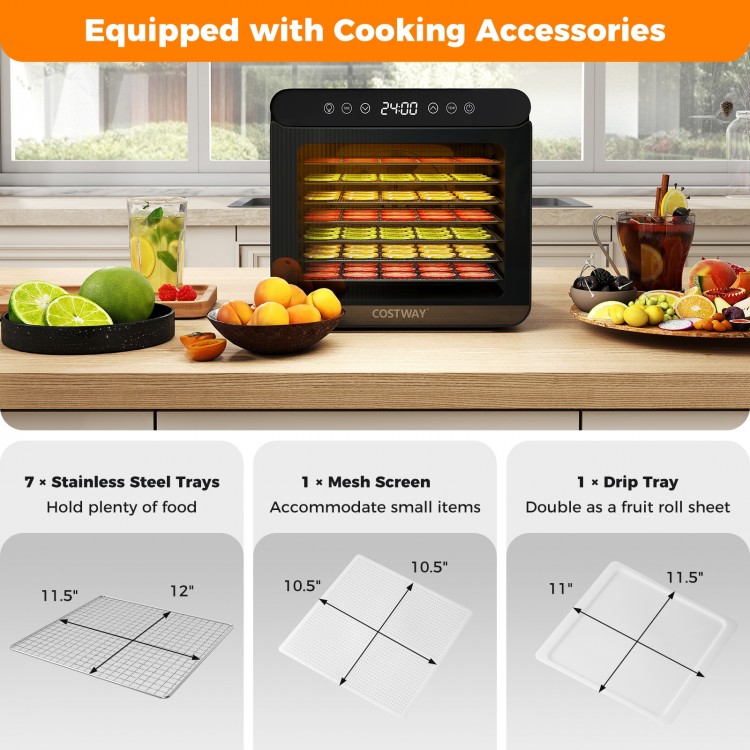 7 stainless steel trays dryer with digital LED display, 1-24H timer, and 30-75℃ temperature for even food drying.