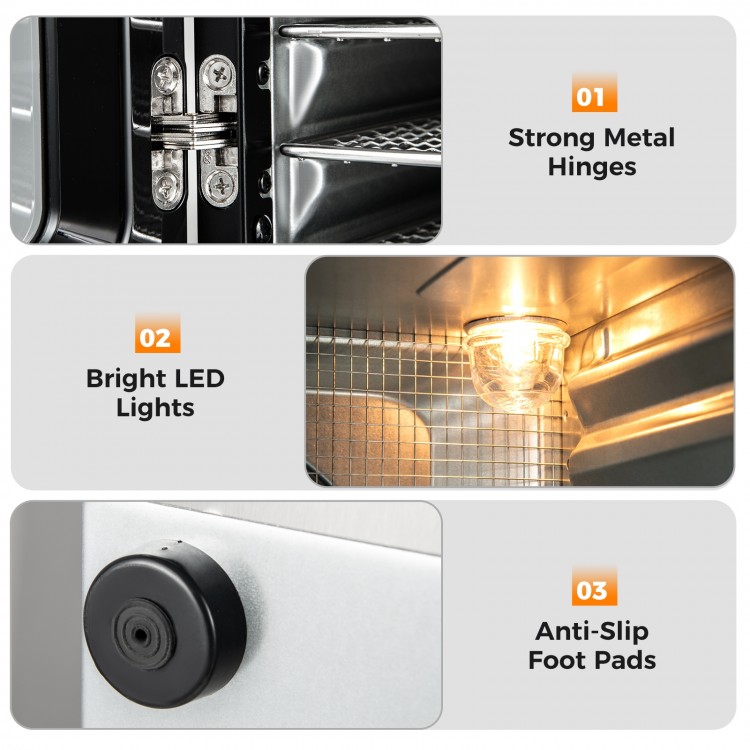Strong metal hinges and bright LED lights inside the 7 stainless steel trays dryer for efficient food drying.