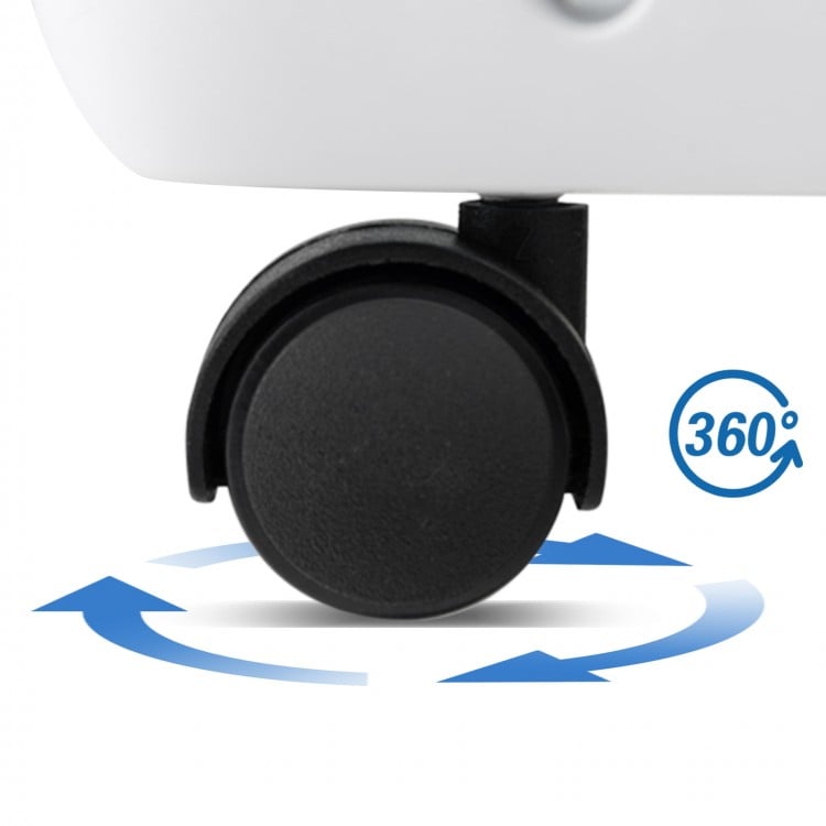 Close-up of the 360° rotating wheel of the 8000 BTU portable air conditioner for easy mobility and convenience.