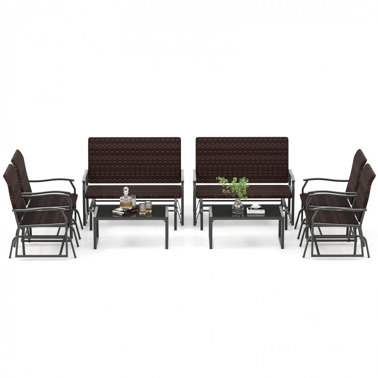 Four-piece patio gliding set in brown with cushioned seats and tempered glass coffee table, perfect for outdoor.