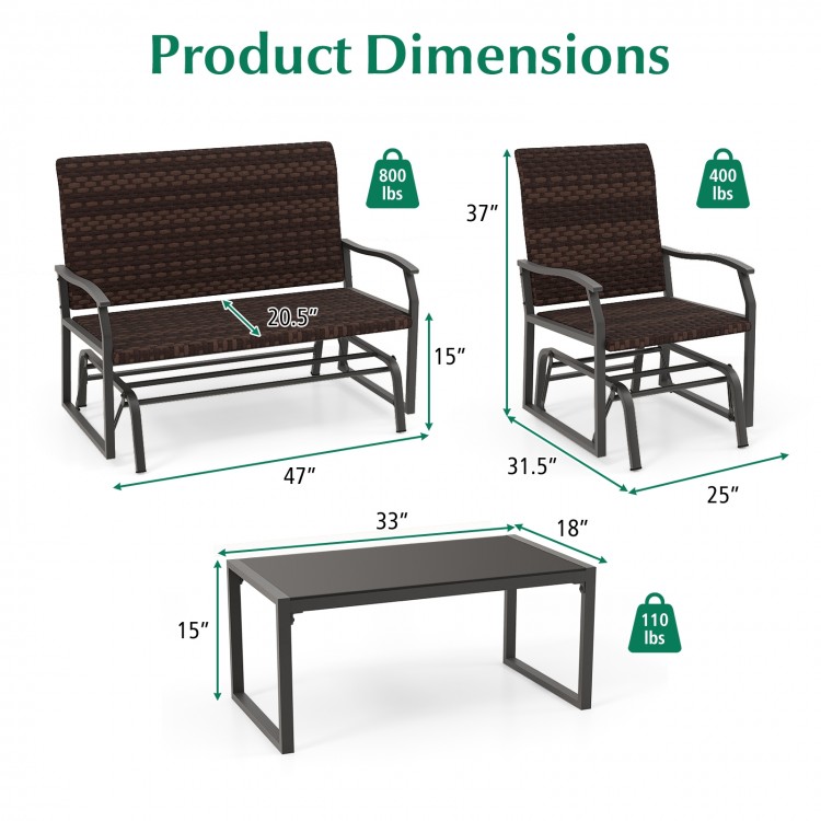 Patio gliding set dimensions showing two chairs and a coffee table, featuring brown wicker and tempered glass for.