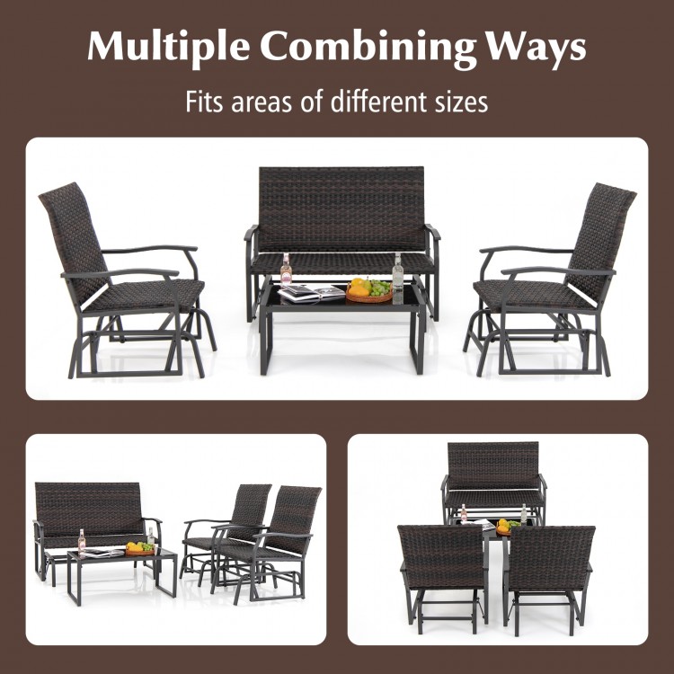 4-piece patio gliding set with brown wicker, cushioned seats, and tempered glass table for versatile outdoor use.
