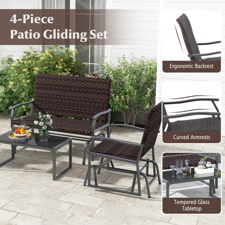 4-piece patio gliding set featuring a brown wicker design, tempered glass tabletop, and ergonomic backrest for outdoor.