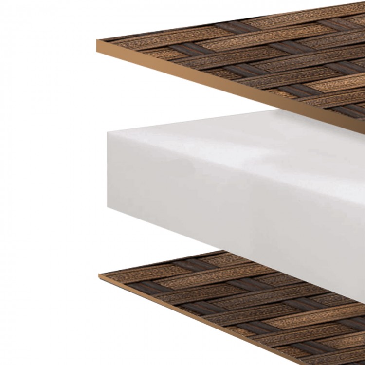 Close-up of the premium rattan surface and cushioned seat of the brown 4-piece patio gliding set for outdoor relaxation.