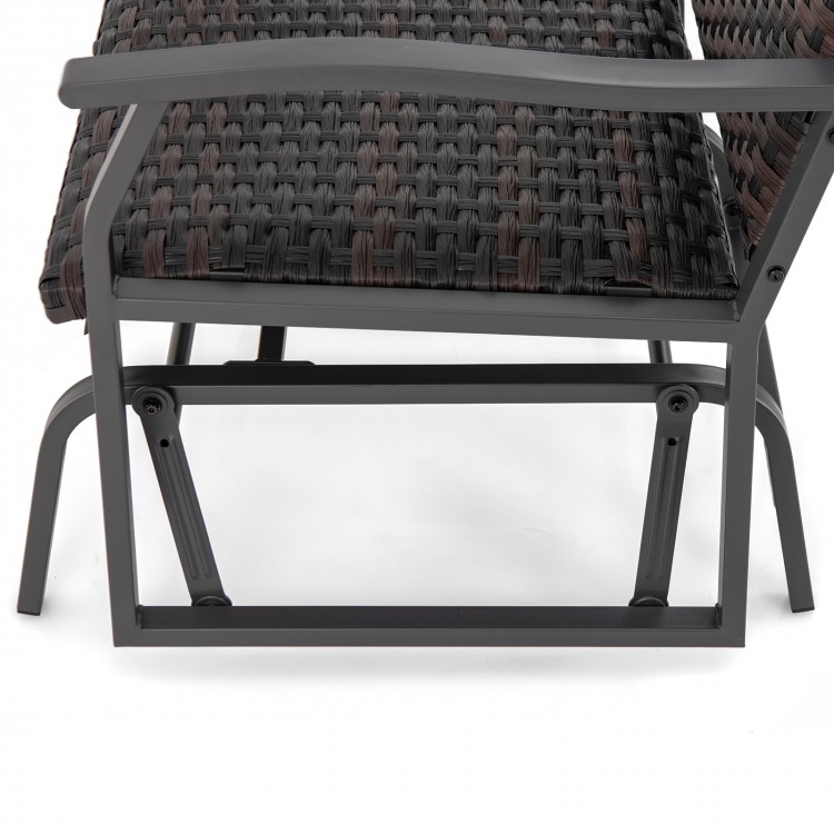 Side view of the brown wicker glider chair with a heavy-duty metal frame and cushioned seat, perfect for outdoor.