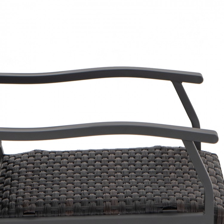 Curved armrests of the brown wicker swing glider from the 4-piece patio set, designed for outdoor relaxation.