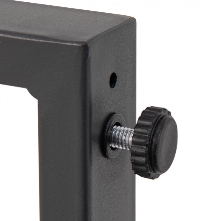 Close-up of the adjustable footpad on the heavy-duty metal frame of the brown patio gliding set for enhanced stability.