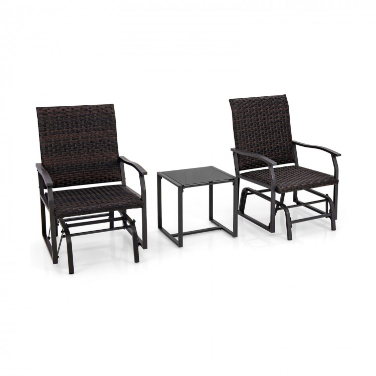 3-piece patio gliding set with brown rattan chairs and tempered glass coffee table, perfect for backyard relaxation.