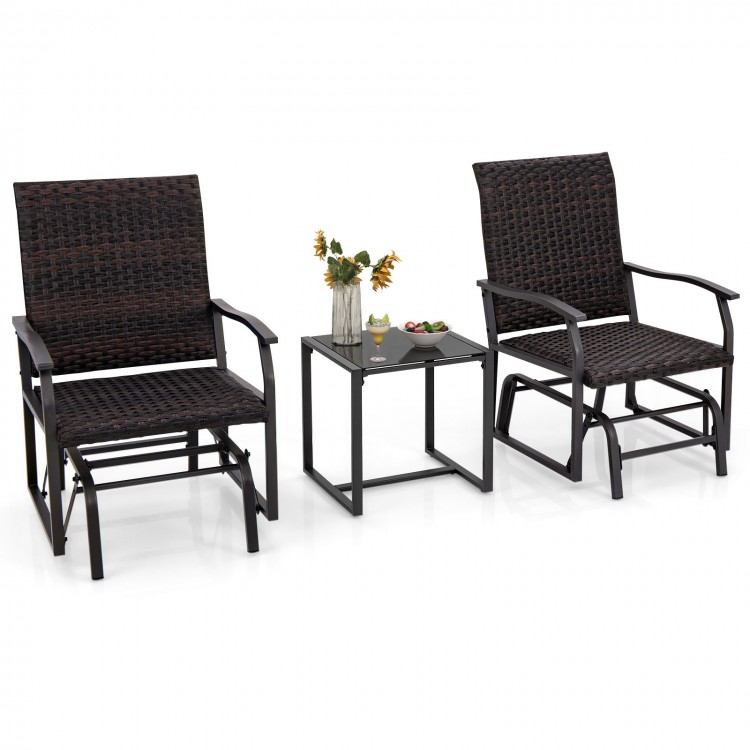 Tempered glass coffee table with a sleek design, complemented by two all-weather brown patio gliding chairs for outdoor.