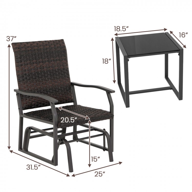 Patio gliding chair with brown rattan surface and tempered glass coffee table, perfect for backyard relaxation.