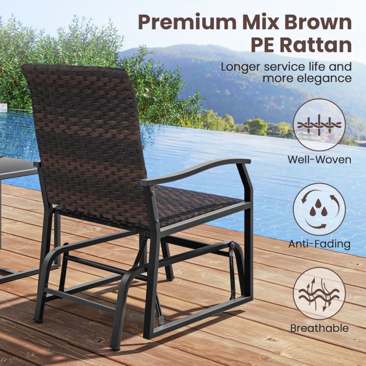 Patio gliding chair in premium mix brown PE rattan with curved armrests, ideal for outdoor relaxation by the poolside.
