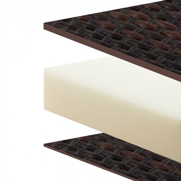 Close-up of the cushioned seat with quick dry foam and premium rattan surface for the 3 Piece Patio Gliding Set.
