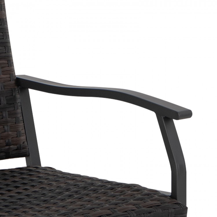 Close-up of the cushioned seat and curved armrest of the all-weather brown patio gliding chair for outdoor relaxation.