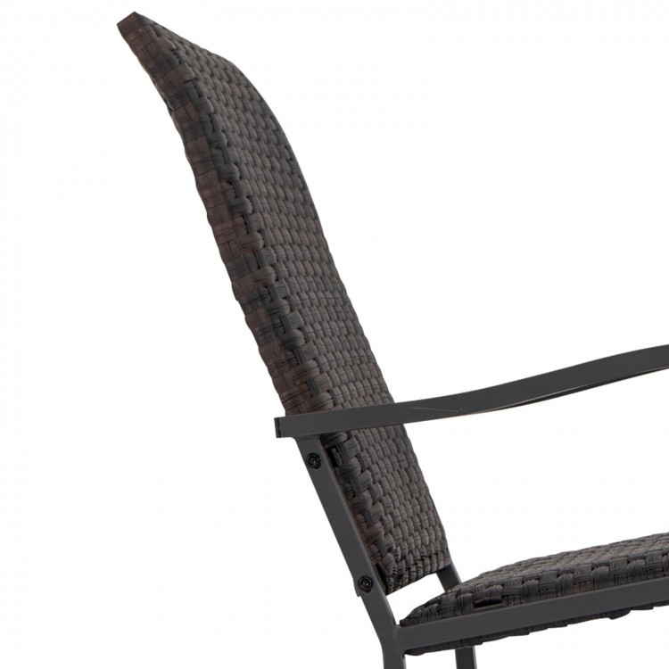 Close-up of the brown rattan surface and curved armrest of the 3 Piece Patio Gliding Set for outdoor relaxation.