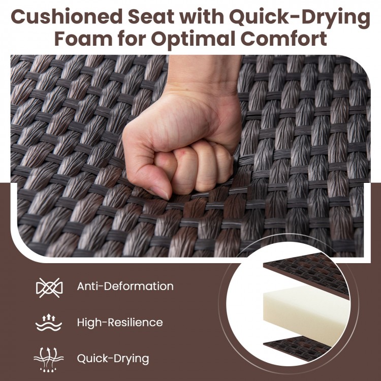 Cushioned seat with quick-drying foam on a patio gliding set, featuring durable all-weather brown rattan for outdoor.