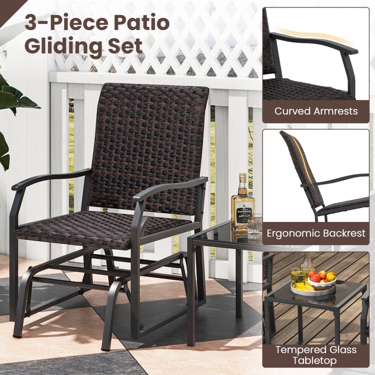 Patio gliding chair with cushioned seat, ergonomic backrest, and tempered glass coffee table for outdoor relaxation.