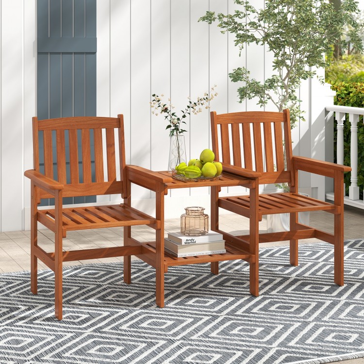 Two-seater outdoor patio furniture set in natural wood with slatted design, featuring a side table and umbrella hole.