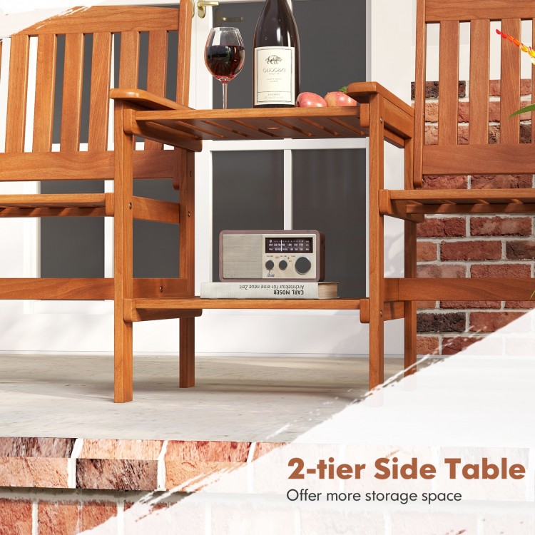 2-tier side table in solid wood with natural grain, offering extra storage space for outdoor patio furniture set.