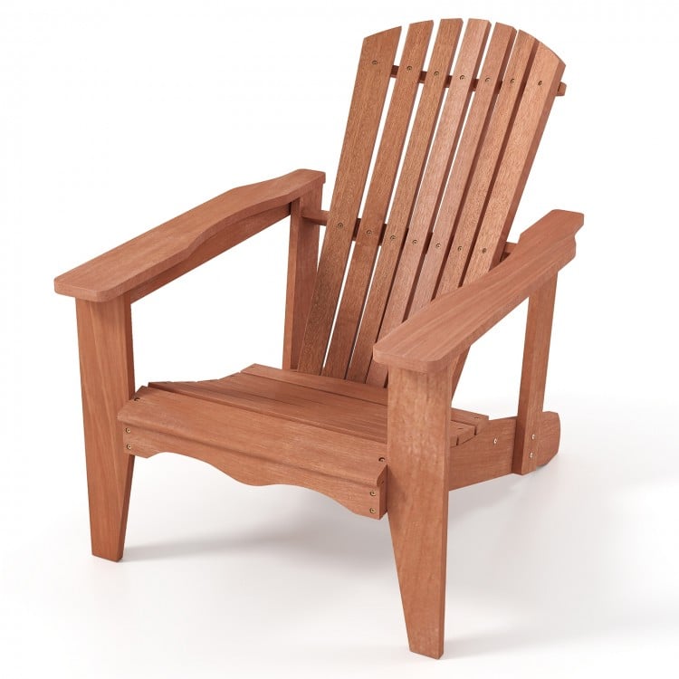 Solid wood Adirondack chair showcasing a contoured seat design, ideal for comfortable outdoor lounging on your patio.