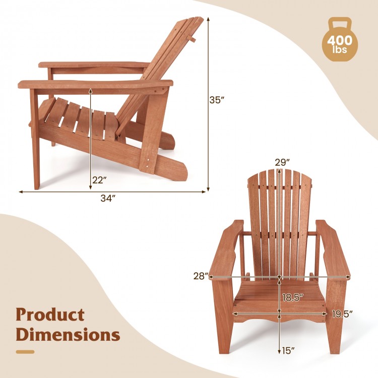 Solid wood Adirondack chair with high backrest and wide armrests, featuring dimensions for outdoor comfort and support.