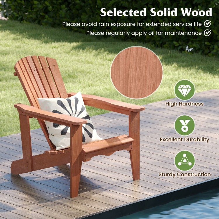 Solid wood Adirondack chair featuring sturdy construction and high backrest, suitable for relaxing on your porch or.