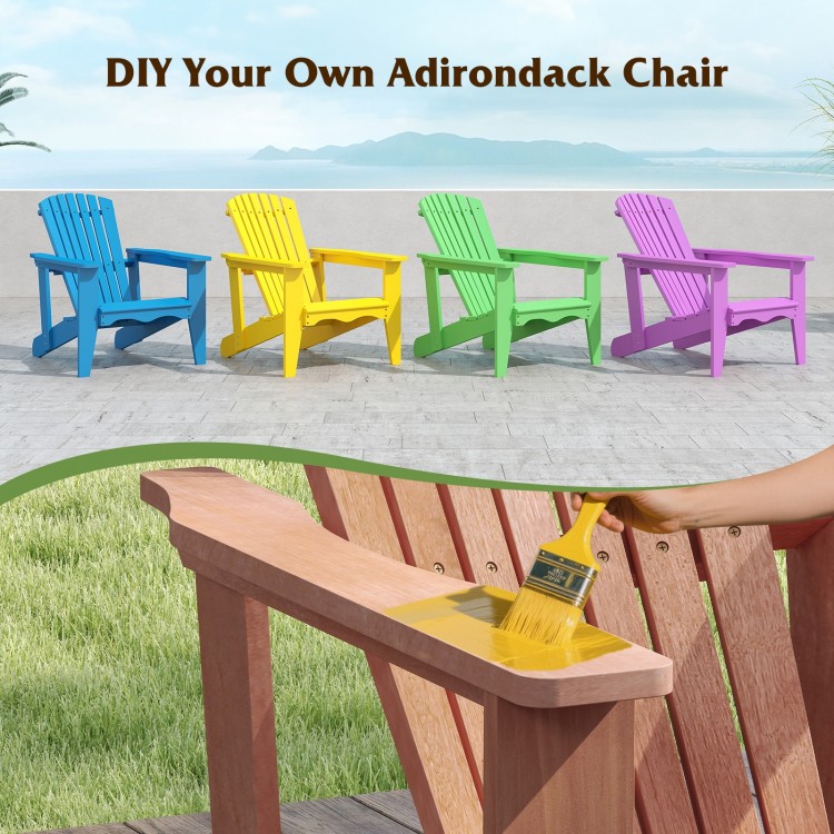 Solid wood Adirondack chair with high backrest and wide armrests, perfect for DIY painting in outdoor settings.