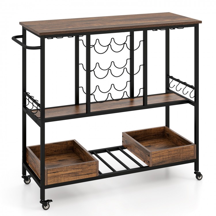Rustic brown 3-tier bar cart on wheels with glass racks, bottle holders, and storage boxes for versatile home use.