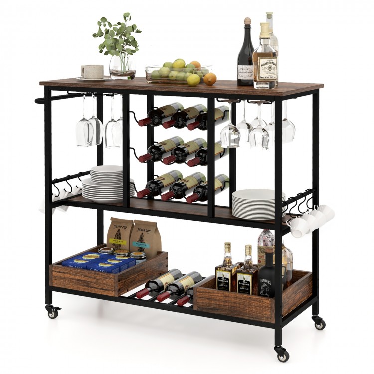 Rustic brown 3-tier bar cart on wheels showcasing a sturdy metal frame, perfect for serving drinks in any dining room.