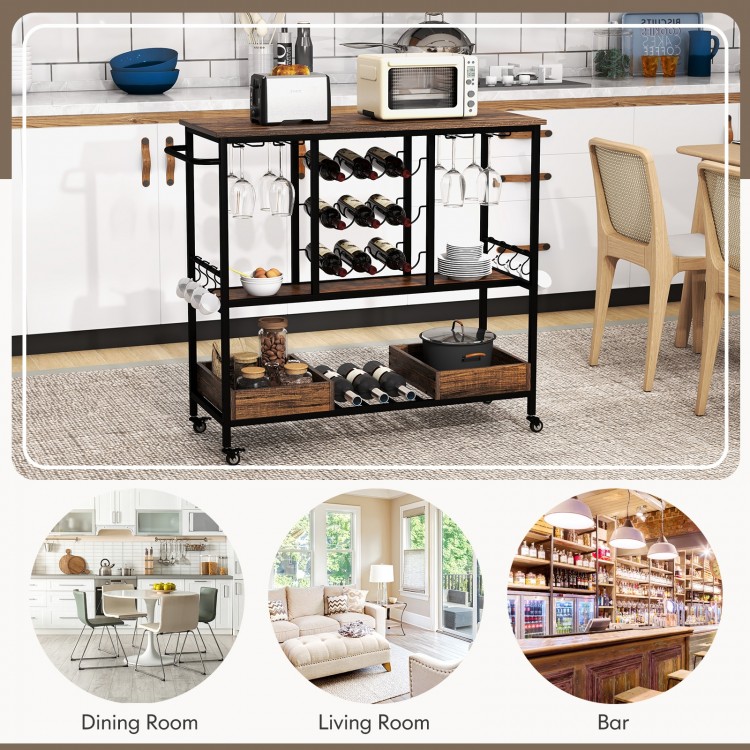 3-tier bar cart on wheels in rustic brown with wine glass racks, bottle holders, and storage boxes for versatile use.