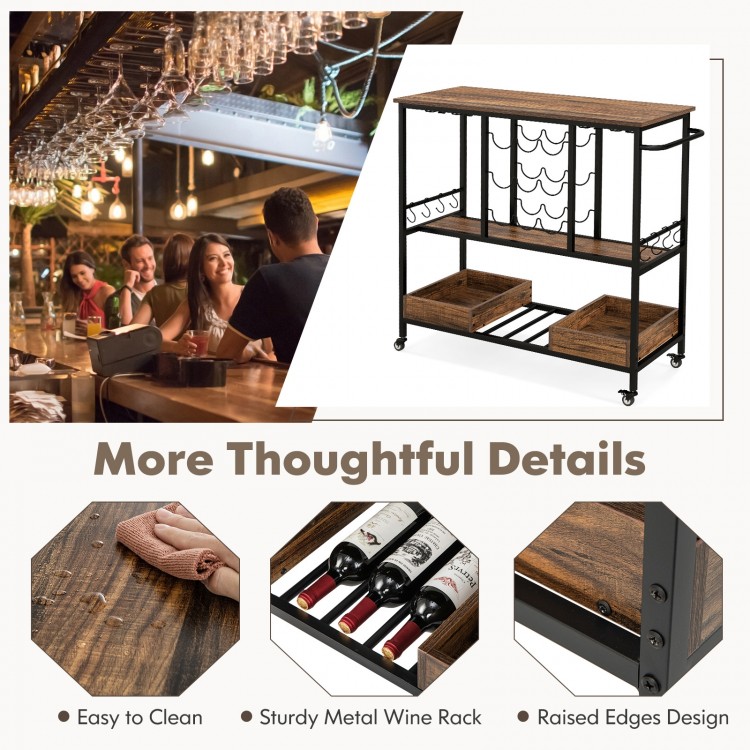3-tier bar cart on wheels in rustic brown with glass racks, bottle holders, and sturdy metal frame for home bar use.