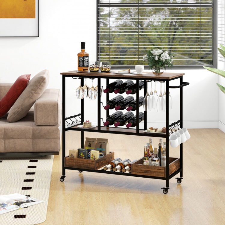 Rustic brown 3-tier bar cart on wheels featuring a convenient handle, side hooks, and ample storage for entertaining.