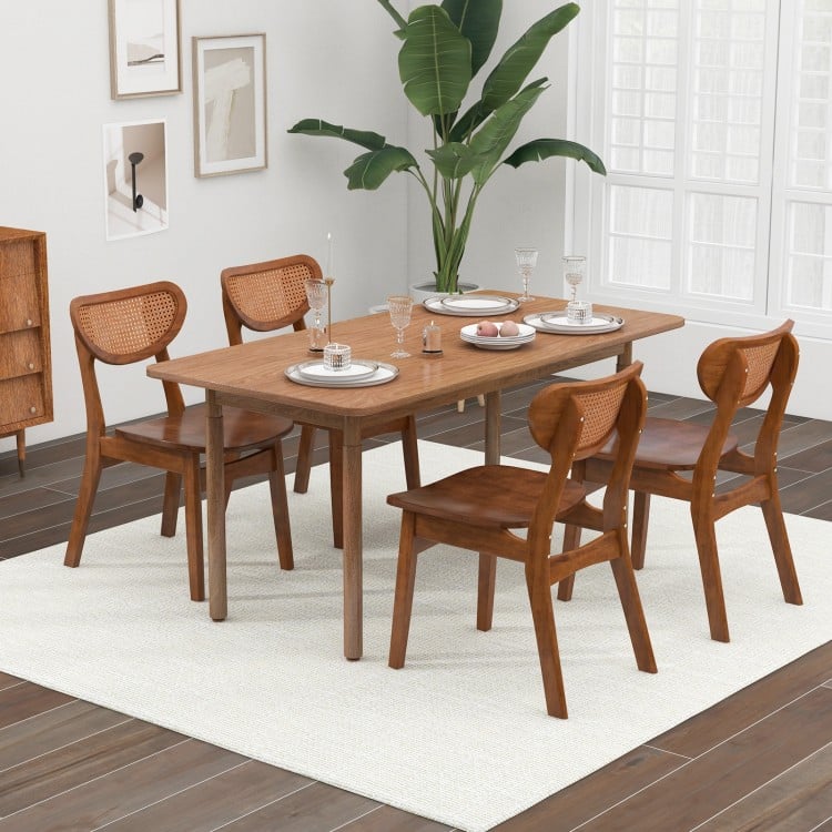 Wooden dining chair set featuring breathable mesh cane backrest and walnut finish, perfect for rustic farmhouse decor.