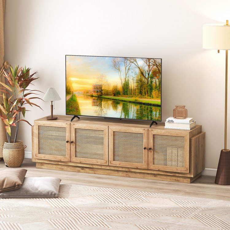 Farmhouse TV stand in oak with PE rattan doors, designed for TVs up to 75 inches, featuring adjustable shelves and.