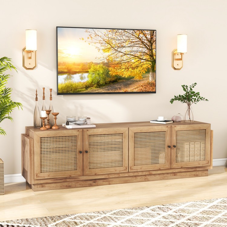 Farmhouse TV stand in oak with PE rattan doors, featuring 4 cabinets and adjustable shelves for TVs up to 75 inches.
