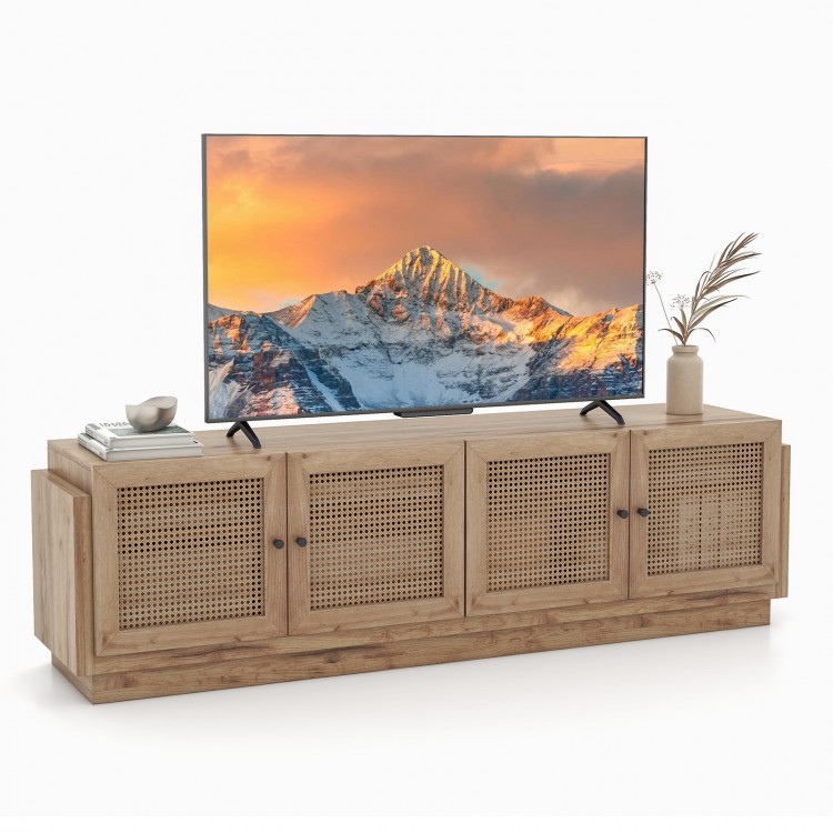 Farmhouse TV stand with a wide tabletop, elegant PE rattan doors, and anti-toppling device, perfect for modern living.