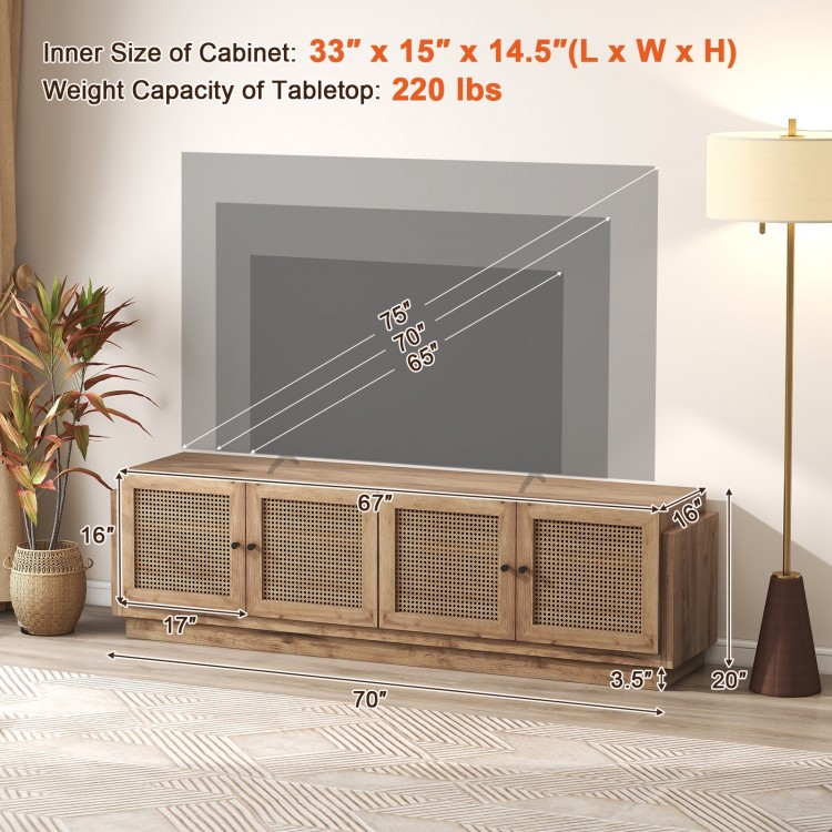 Farmhouse TV stand with PE rattan doors, adjustable shelves, and a wide tabletop for TVs up to 75 inches.