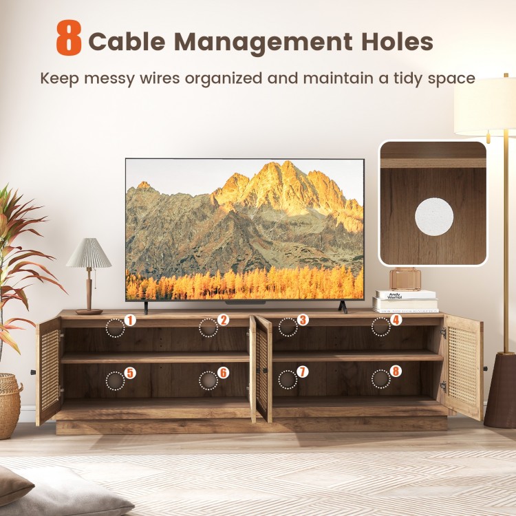 Farmhouse TV stand with 8 cable management holes, oak finish, and PE rattan doors for stylish organization and storage.