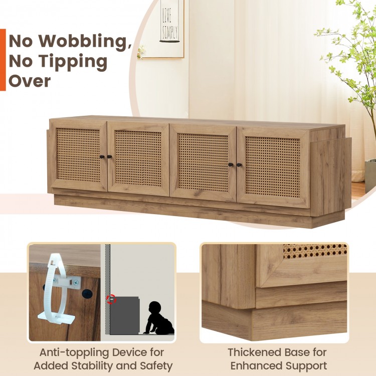 Farmhouse TV stand with PE rattan doors, designed for TVs up to 75 inches, featuring adjustable shelves and.